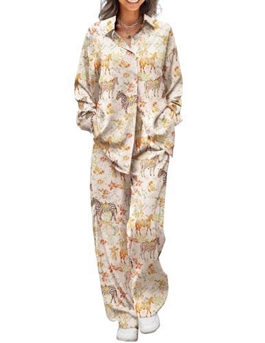 Ekouaer Womens 2 Piece Silk Satin Pajama Set Long Sleeve Lounge Sets Button Down Shirts and Pants PJs Soft Sleepwear Sets Champagne Horse XXL