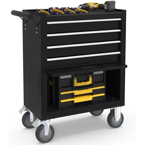 DUSACOM 4-Drawer Rolling Tool Chest Toolbox, Rolling Tool Box with Wheels, Tool Chest with Keyed Locking System and Drawer Liners, Tool Box Organizer for Garage, Warehouse, Workshop(Black) Cover