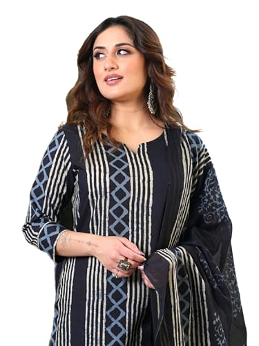 Image of Arayna Women's Pure Cotton Hand Block Printed Style Ethnic Kurta Set with Dupatta | Black & Indigo