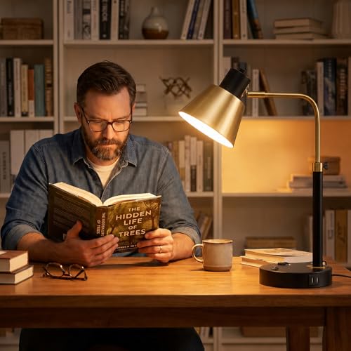 Image of Adjustable Desk Lamp with Dual USB-C /A & AC Outlet 340 Swivel Lamp Head | Metal Desk Lamp,Weighted Base,Table Lamp for Home Office, Bedroom & Reading, Black with Brass Accents (Bulb Not Included)