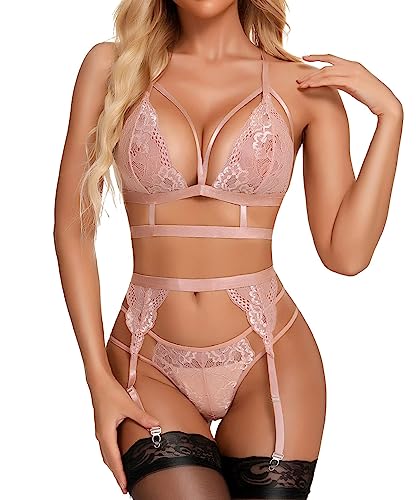 RSLOVE Lencería Sexy para Mujer, Conjunto de Brasier y Bragas de Encaje Floral, Conjunto de Brasier de 3 Piezas con Liguero Rosa Small