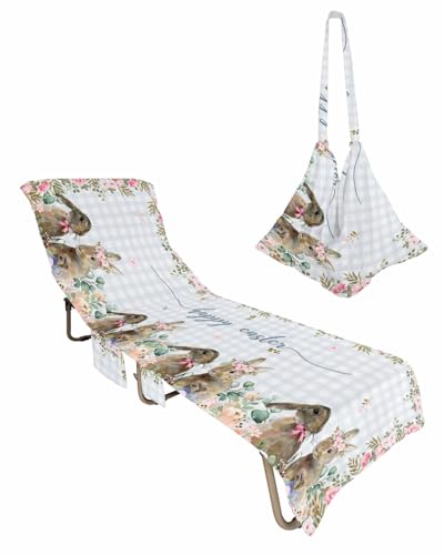 Spring Easter Beach Lounge Chair Towel Cover, Soft Chaise Lounge Towel with Side Pockets Patio Pool Chairs Cover for Beach/Pool Sunbathing 29x85 Blue Plaid Bunny Elegant Floral Botanical