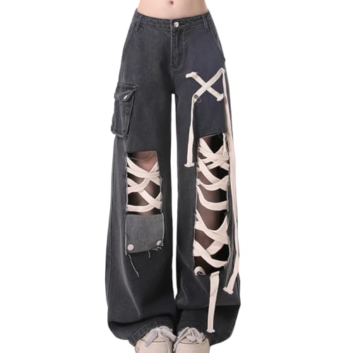 Y2K Gothic High Waisted Straight Leg Baggy Denim Pants Fashion Vintage Drawstring Ripped Jeans for Women
