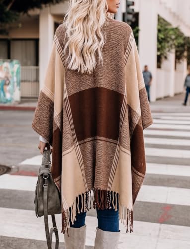 Image of Bestshe Women's Boho Open Front Poncho Plaid Shawl Wrap Cape