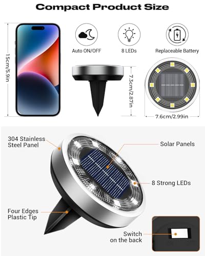 image for btfarm 10 Pack Solar Ground Lights Outdoor, 8 LED Disc Lights IP65 Wat
