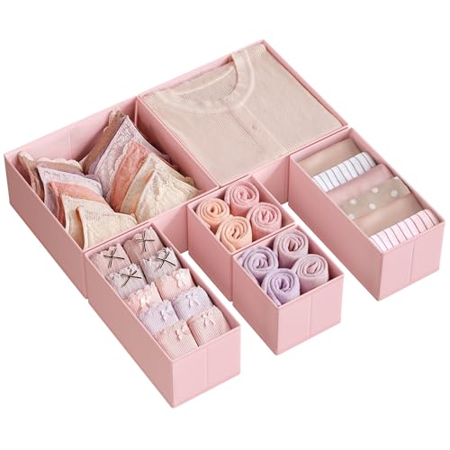 SONGMICS Drawer Organisers, Dresser Dividers, Set of 6, Foldable Fabric Storage Boxes for Socks, Underwear, Bras, Ties, Scarves, Jelly Pink RDZ06PK