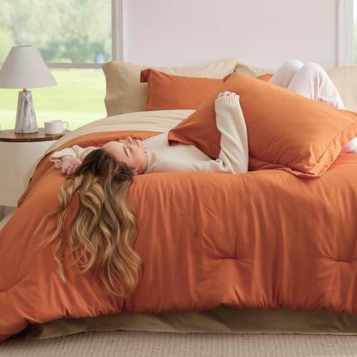Image of Bedsure King Size Comforter Set - 7 Pieces Burnt Orange King Bedding Set for All Seasons, Boho Contrasting Design Bed in a Bag with Comforter, Sheets, Pillowcases & Shams