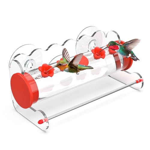 Window Hummingbird Feeder 10oz,4 Feeding Ports with Leak-Proof Design & Ultra Strong Suction Cups,Durable Plastic Bird Feeder Easy to Clean Refill, Outdoor/Indoor Use (Red Flower Top)