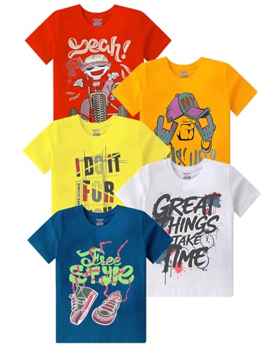 Image of kiddeo Boys Cotton Printed Regular Fit T-Shirt(Pack of 5)