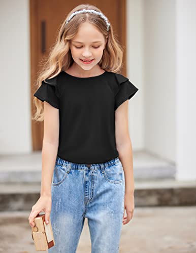 Image of Girls T Shirts Ruffle Short Sleeve Round Neck Loose Blouse Summer Solid Color Casual Girl Tee Tops for 3-12 Years