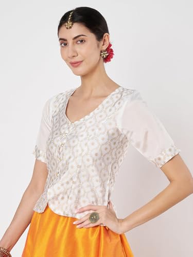 Image of studio rasa Women's Silk Blend Block Printed Button Down Readymade Top for Wedding Festive Party
