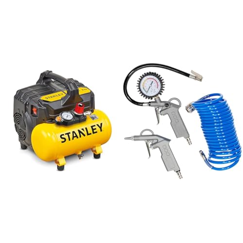 Stanley 100/8/6 Silent Air Compressor DST 100/8/6SI, 750 W, 230 V, Giallo & Güde persluchtset 3-delig 84091