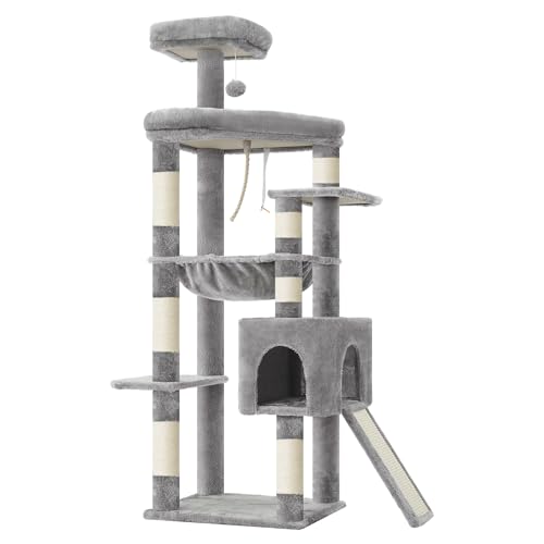 Image of Heybly 64.2 inch Heavy-Duty Cat Tree for Large Cats with Wide Base HCT027W | Indoor Cat Tower with Scratching Posts & Board, Cat Furniture with Big Platforms, Extra-Large Hammock, Light Gray