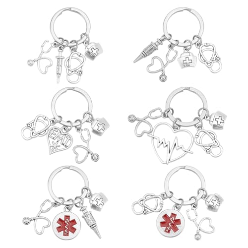 AHANDMAKER 6 portachiavi a tema medico, regali per infermieri, portachiavi EMT di emergenza per tecnici medici EMT, portachiavi di ringraziamento per Natale e compleanno, Argento anticato, 45mm