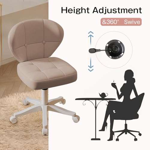 Image of Small Office Chair with Lumbar Support, PU Leather Armless Swivel Desk Chair Adjustable Height, Compact Rolling Chair for Home Office, Bedroom, Study Khaki