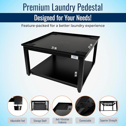 Washer and Dryer Pedestals - Ergonomic 27" Platform - 16" Height with Easy Setup - Supports Up to 800 lbs - Alloy Steel with Leak Protection - Includes Drain Pan & Hose - Black Finish