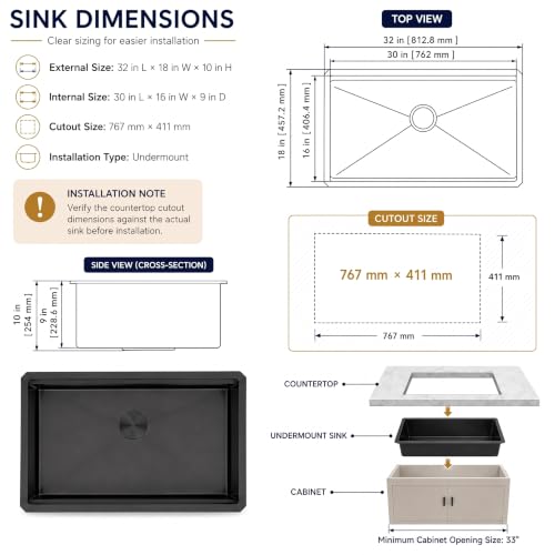 Image of LQS Undermount Kitchen Sink 32 x 18, Large Black Undermount Kitchen Sink, Deep Single Bowl Sinks, Top-Grade 16 Gauage Stainless Steel Nano PVD Material with Round Corner and X-Shape Drain Line