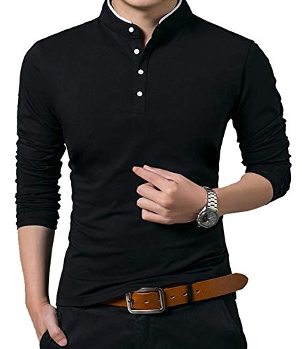 KUYIGO Polo Homme Manches Longues Design Élégant Mode Slim Fit Coton Polo T-Shirt Golf S Noir