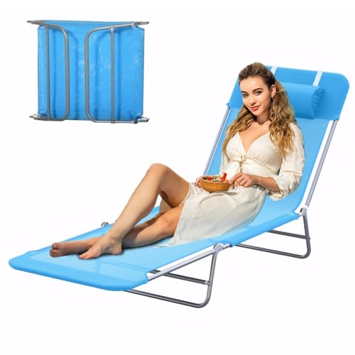 Majnesvon Outdoor Tanning Chair with Pillow, Folding Chaise Lounge Chair with Adjustable Backrest, Portable Lay Flat Beach Lounge Chairs for Sunbathing Poolside Patio Lawn Camping(Blue 2)