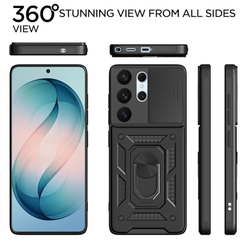Image of Pikkme Back Cover for Samsung Galaxy S26 Ultra 5G | 360 Protection Case | Sliding Camera Shield Cover & Ring Holder Stand D10 Tough Armor Bumper Case (Black)