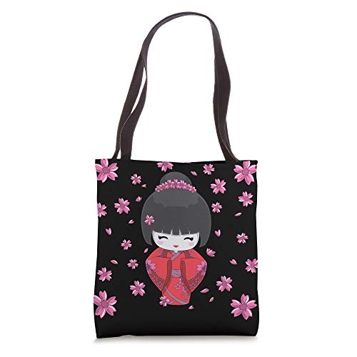 Kawaii Kokeshi Doll with Japanese Cherry Blossom Flowers Tote Bag