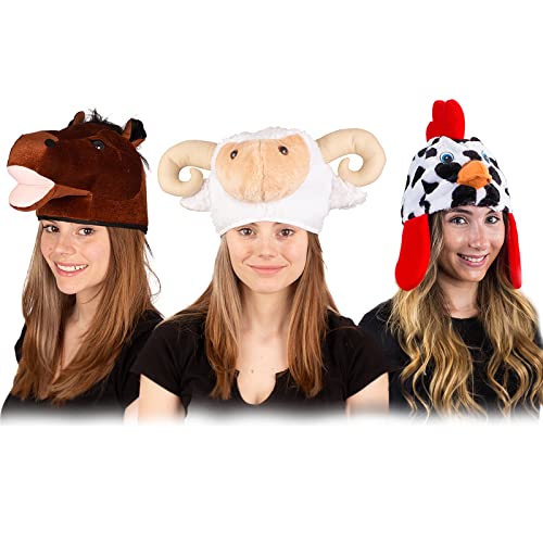 Tigerdoe Farm Animal Hats Set- Animal Costume Hat- Farm Dress Up- Plush Rooster, Horse, Sheep- 3 Pc Set