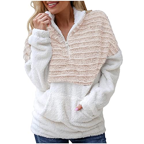 Dasongff Pulls en Peluche Femme Col Roulé Zippé Veste Teddy Chaud Doux Sweat Manches Longues Chic et Élégant Sweatshirt Femme Col Montant Patchwork Rayée Pullover Casual Cover