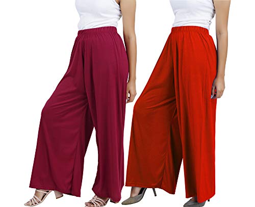 Image of Buy That Trendz D76 M to 6XL Cotton Viscose Loose Fit Flared Wide Leg Palazzo Pants for Women Red Chocolate Brown Combo Pack of 2