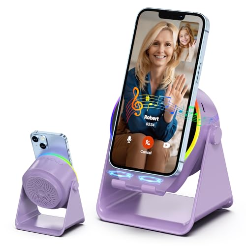 Dohelly Wireless Induction Speaker, 4 in1 Phone Stand Bluetooth Speaker Amplifier with Colorful Ambient Light 360° Rotation Holder for Tablet iPhone Android,Portable Gifts for Adults Teens (Purple)