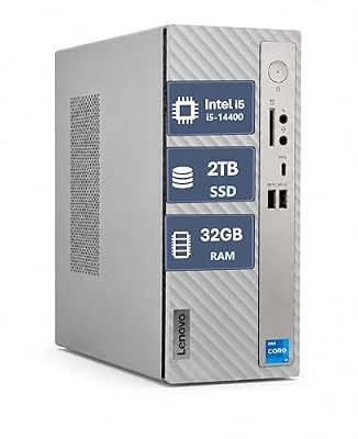 Lenovo IdeaCentre 3 Desktop, i5-14400, 32GB DDR4 RAM, 2TB PCIe SSD, Wi-Fi 6, USB-C, HDMI + VGA, Wired Keyboard & Mouse, Windows 11 Pro, Cloud Grey, Compact Business Computer