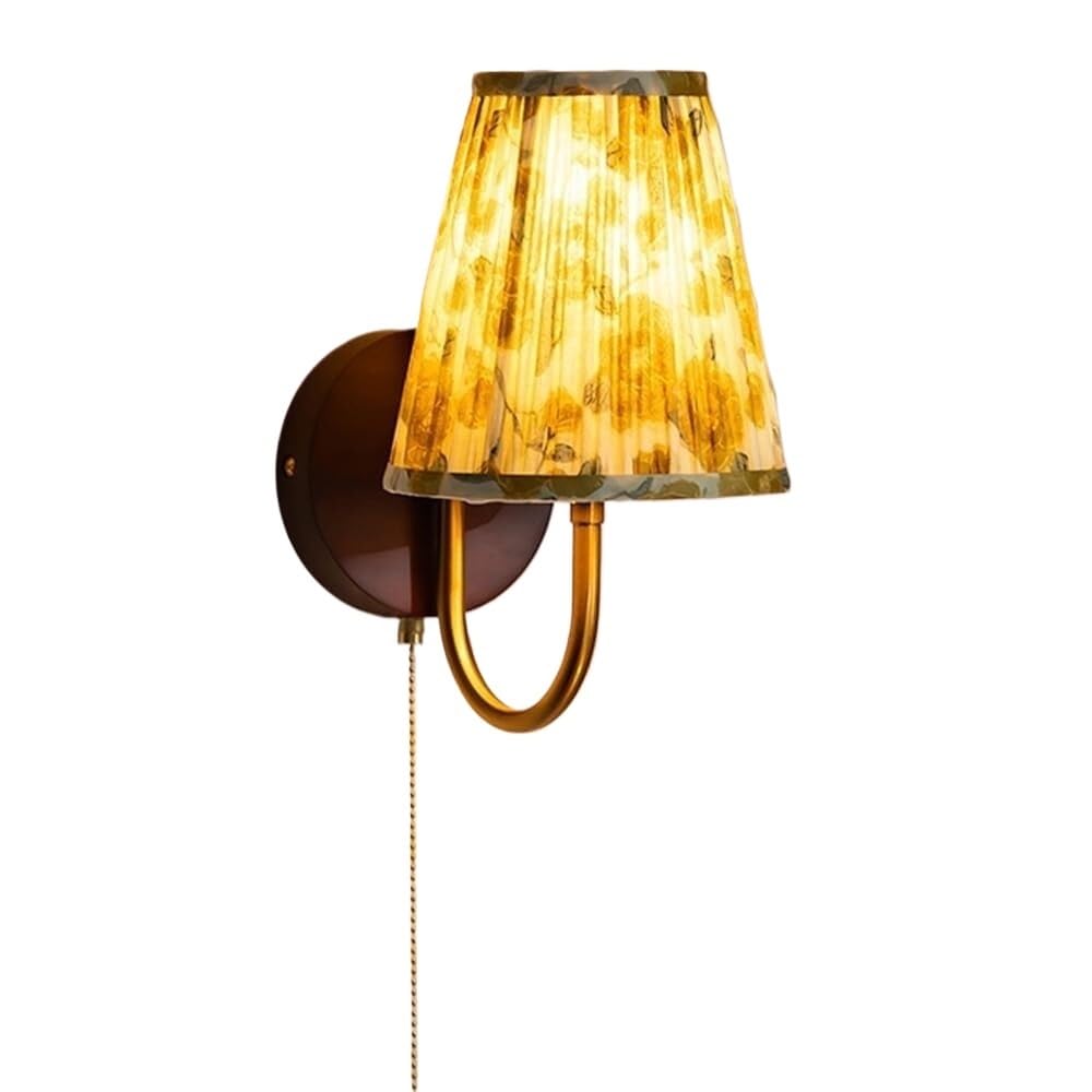 HXYSXHJUO Fabric Rose Print Lampshade Wall Sconces Vintage Indoor Lamp E27 Solid Wood Light Home Decor Lighting Nordic Classic Mounted With Pull Chain Switch