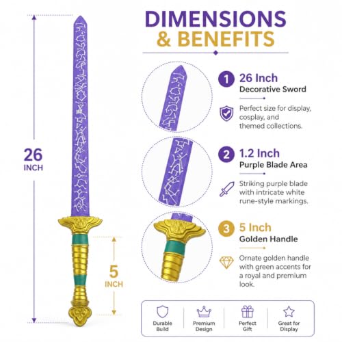 Image of Wanna Party Korean Pop Fantasy Toy Sword, 26 Inch Purple Cosplay Prop Sword with Golden Handle for Costume Party, Birthday Gift, Stage Performance, Dance Theme & Party Dress-Up Accessory