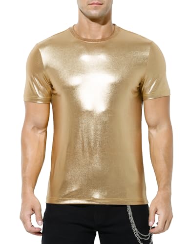 Arjen Kroos Men's Sexy Shiny Metallic T-Shirts Short Sleeve Sparkly Shirts Disco Holographic Tops