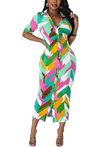 Image of ZERMOM Women's Button Down Shirt Dress Short Sleeve Print Collar V Neck Summer Bodycon Midi Dresses