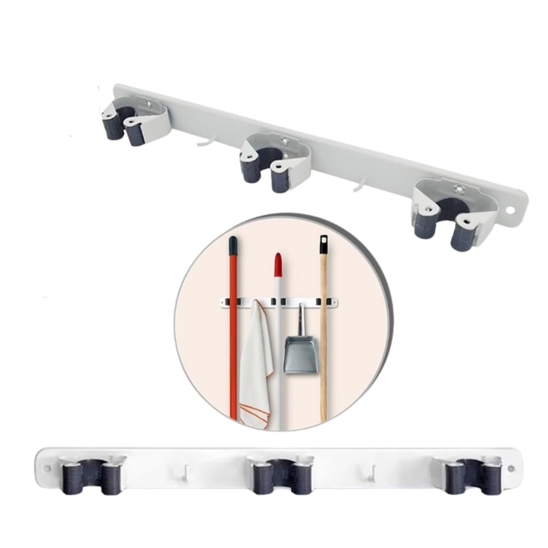 PARENCE.- Supporto da parete a triplo avvitabile per scopa e accessori - Gancio per scopa 3 supporti + 2 ganci - 37cm