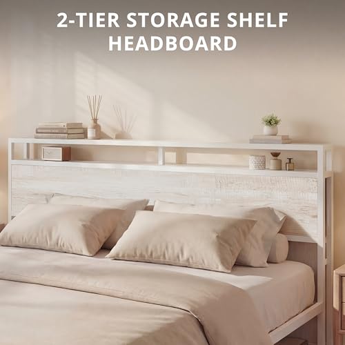 Image of LIKIMIO California King Bed Frames with 2-Tier Storage Shelf Headboard