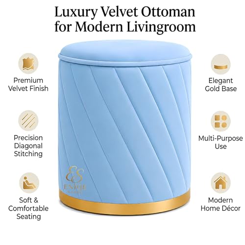 Image of Luxury Round Velvet Ottoman Stool with Gold Base - Modern Upholstered Footrest Pouffe, Tufted Vanity Seat, Living Room Bedroom Dressing Stool (Sky Blue)