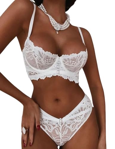 PARUPRUP Damen Lingerie Set Sexy Spitzen Babydoll mit Push-Up-BH und Slip Verstellbare Spaghettiträger Bügel-BH Verstärktes Reizwäsche (Weiß, S)