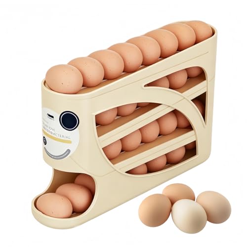 Automatic Egg Dispenser for Refrigerator 4-Tier Rolling Egg Holder Space-Saving Kitchen Egg Storage Organizer Holds Up to 30 Eggs Countertop Egg Container