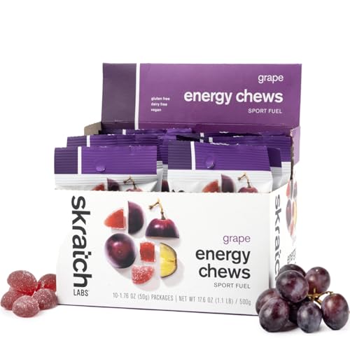 Image of Skratch Labs Energy Chews | Gummies for Running, Cycling & Endurance Quick Carbs for Athletes, Easy to Digest, Real Fruit | Gel Alternative for Long Runs & Rides | Grape 10 Pack | Gluten Free, Vegan