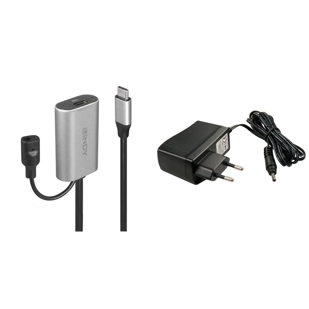 LINDY USB 3.1 Aktiv-Verlängerung Typ C/C M/F 5m & 70227 Euro-Steckernetzteil 5V DC 2A Level VI mit Mini-DC Rundstecker 3 44317 35mm, schwarz