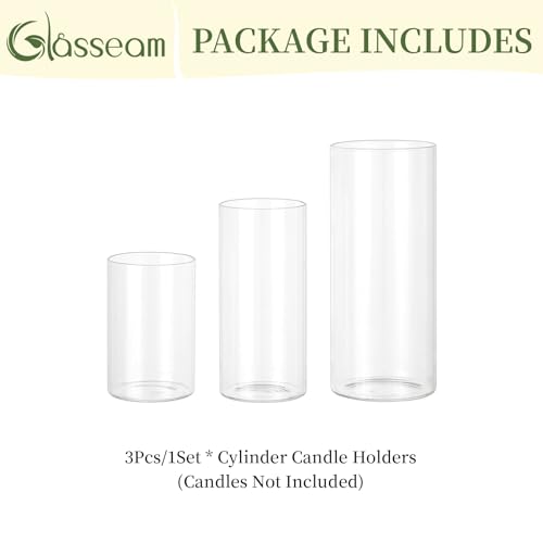 Glasseam Hurricane Glass Candle Holders: 3 Pcs Clear Cylinder Vases for Centerpieces Large Pillar Candle Holder for Floating Candles Modern Home Decor Wedding Table 5.3'' 7.3'' 9.5'' Height