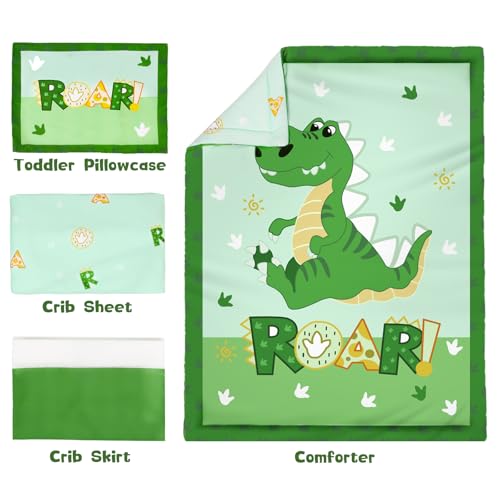 Image of Cloele Crib Bedding Set for Boys,4 Piece Dinosaur Baby Bedding Set,Standard Size Toddler Nursery Bedding Includes Comforter,Crib Skirt,Fitted Sheet&Pillowcase,Soft Dinosaur Blanket-Green