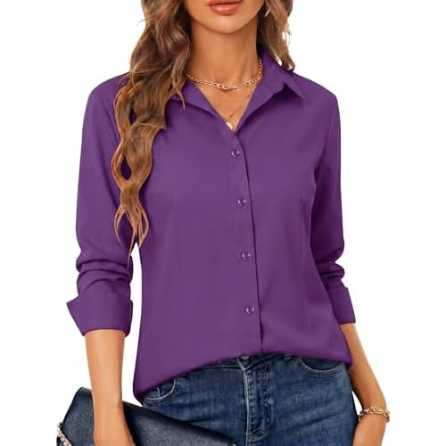 BBIBBI Regular, Petite & Tall XS-6XL Women's Stretch Long Sleeve Button Down Dress Shirts Solid Business Casual Work Blouse X-Small 00055_purple
