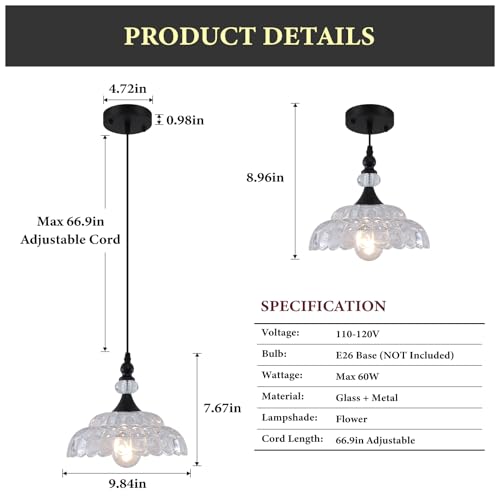 MKonpeny Farmhouse Pendant Light, Black Pendant Light Kitchen Island, Adjustable Pendant Light Fixture with Glass Shade, Pendant Lamp for Dinnng Room, Living Room, Bedroom, Hallway - image 2