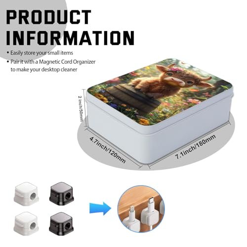 Image of Metal Tin Box with Lid for Game Cards Home Large Organizer Candles Keys Crafts Storage - Comes with 4 Magnetic Cord Clips,Cute Highland Calf Floral