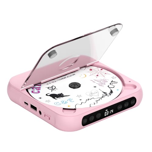 ENVYCLOUD CD Player Portable with Dual Stereo Speakers, Rechargeable Portable CD Player with Bluetooth for Home with Headphones, Support CD/AUX/USB,Pink