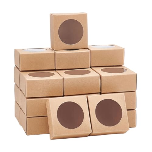 NBEADS 24 Schachteln aus Kraftpapier, rund, mit Fenster für Süßigkeiten und Kekse, 6,3 x 6,3 x 3 cm