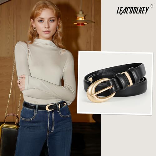 LEACOOLKEY Women Leather Belt for Jeans Pants Fashion Ladies Skinny Faux Leather Dress Belt with Gold Buckle3