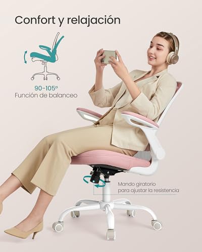 Miniatura 4 de Songmics Silla De Oficina, Silla De Escritorio De Malla, Silla Giratoria Ergonómica, Soporte Lumbar, Oscilante, Asiento De 53 Cm, Apoyabrazos Abatibles, Rosa Pastel Obn037r01